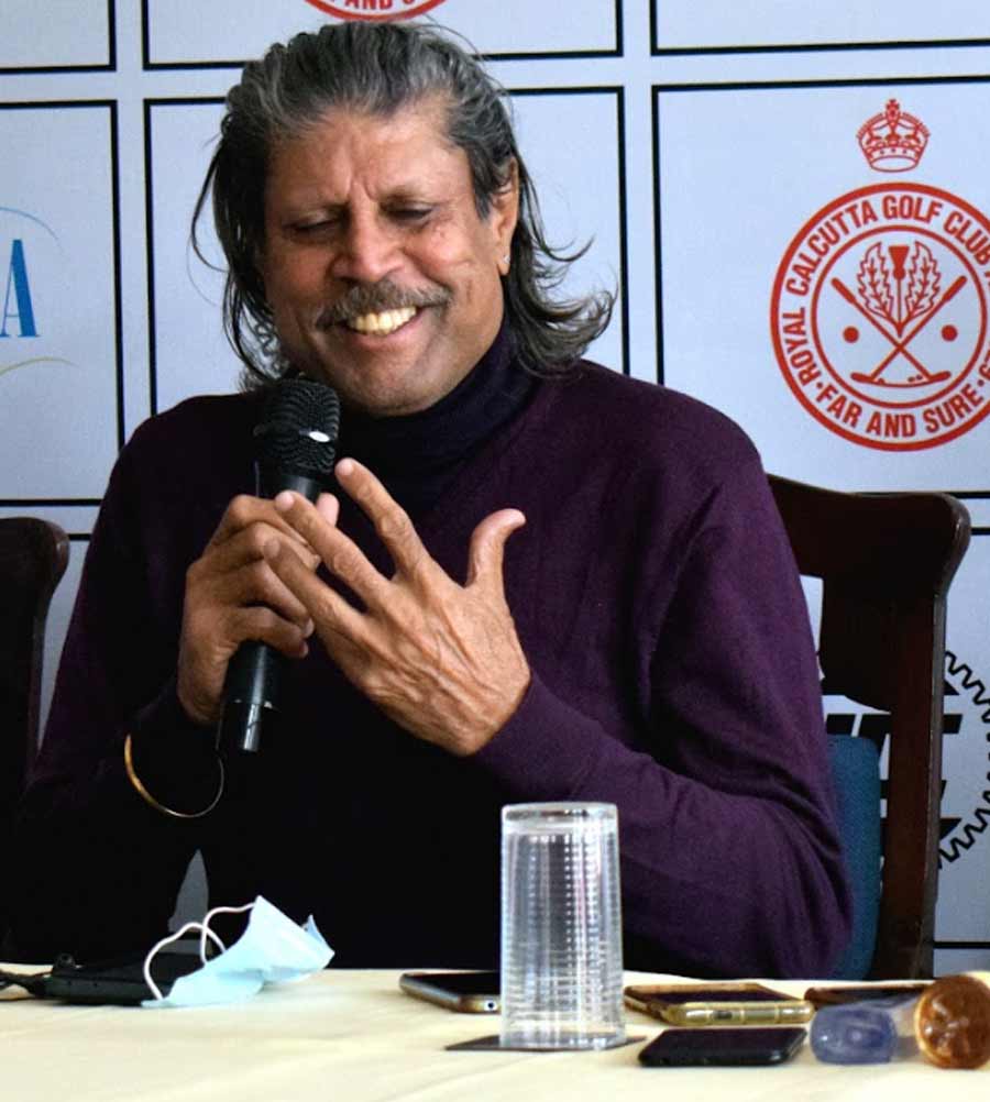 HARYANA HURRICANE: Former Indian cricket team captain Kapil Dev during a press conference at the Royal Calcutta Golf Club in south Kolkata on  Friday, November 26. The 1983 World Cup-winning captain came to the city to attend the ICC RCGC Open Golf Championship
