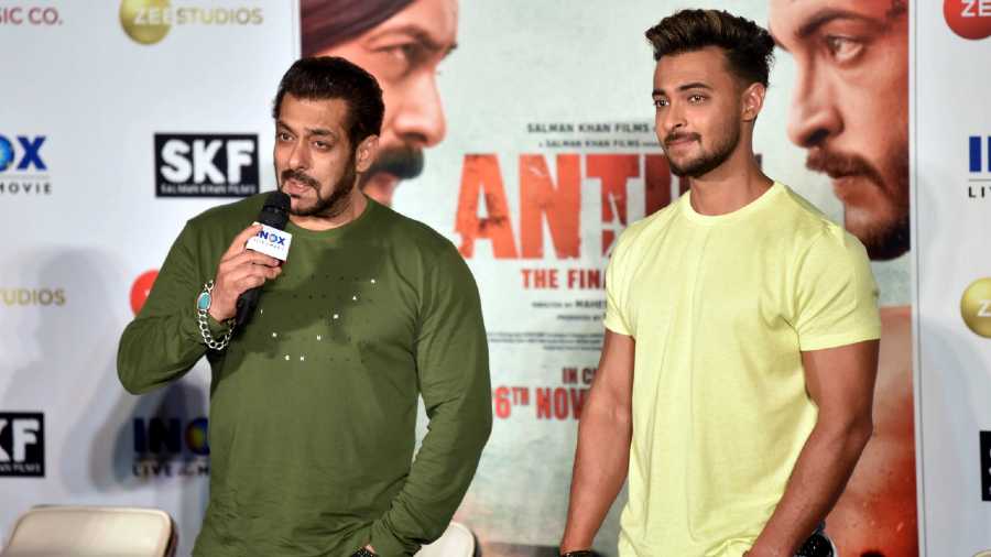 Actors Salman Khan and Aayush Sharma during a promotional event of their film Antim: The Final Truth in Pune