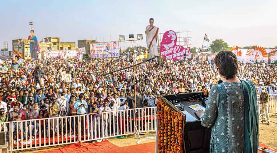 Priyanka Gandhi Vadra addresses a rally in Mahoba on Saturday.
