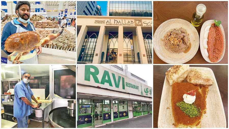 (Clockwise from top) Egyptian Restaurant Aroos Al Bahar; a giant crab on sale at the waterfront market; Al Hallab, the Lebanese eatery that serves great Kibbeh Nayyeh and the dessert Khunafa; Ravi is a popular Pakistani place; and the chef at work in Ravi