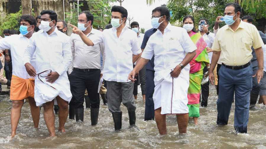 Tamil Nadu Chief Minister MK Stalin visits flood affected areas in Chennai on Sunday.`