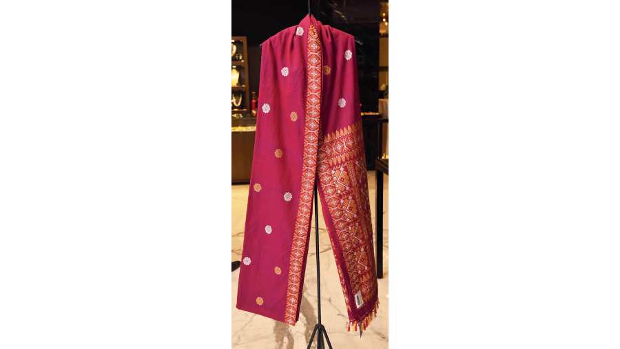 A beautiful sari woven in the traditional warp-and-weft patterns in Assam, from Antaran