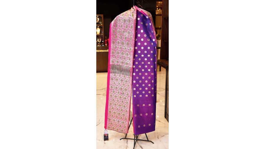 A Venkatgiri silk sari with a broad border in traditional colours from Antaran