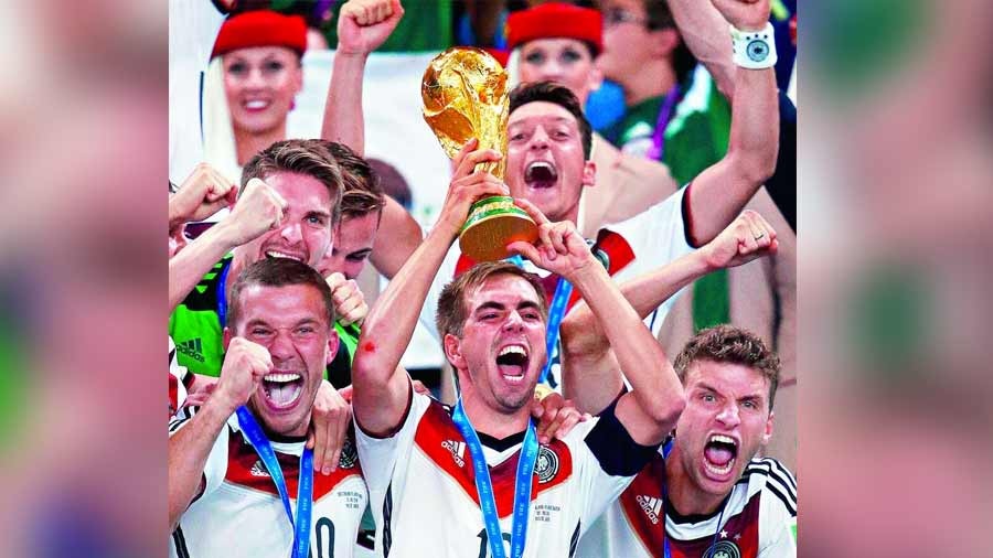 Philipp Lahm lifting the FIFA World Cup as captain of Germany after seeing off Argentina 1-0 in the 2014 final in Rio de Janeiro
