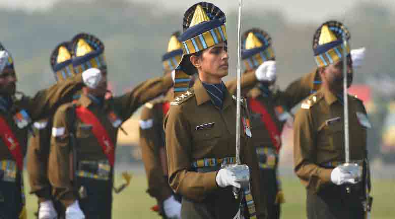 A woman officer during a march