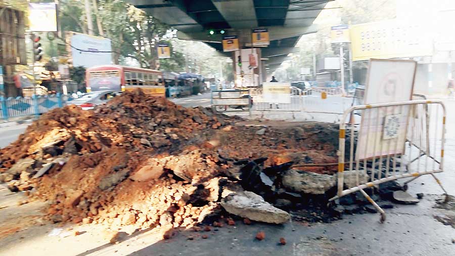 Part of AJC Bose Road dug up for the repair work.