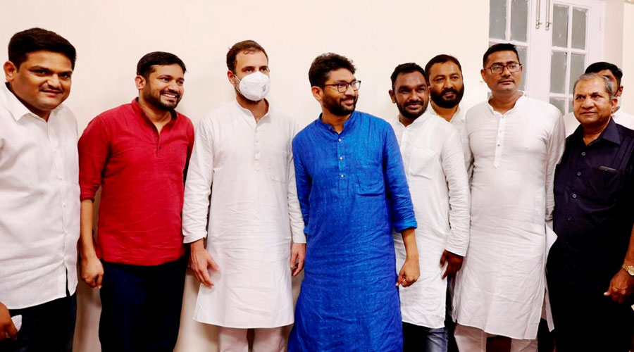 Congress leader Rahul Gandhi with Kanhaiya Kumar, MLA Jignesh Mewani and others at AICC HQ in New Delhi, Tuesday, Sept 28, 2021. Kanhaiya Kumar joined the Congress party. 