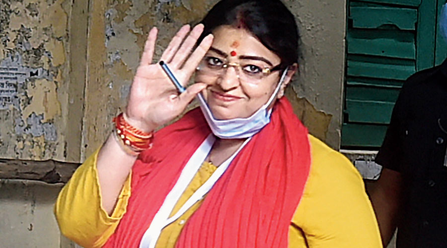 BJP candidate Priyanka Tibrewal during a visit to a polling station in Bhowanipore on Thursday. 