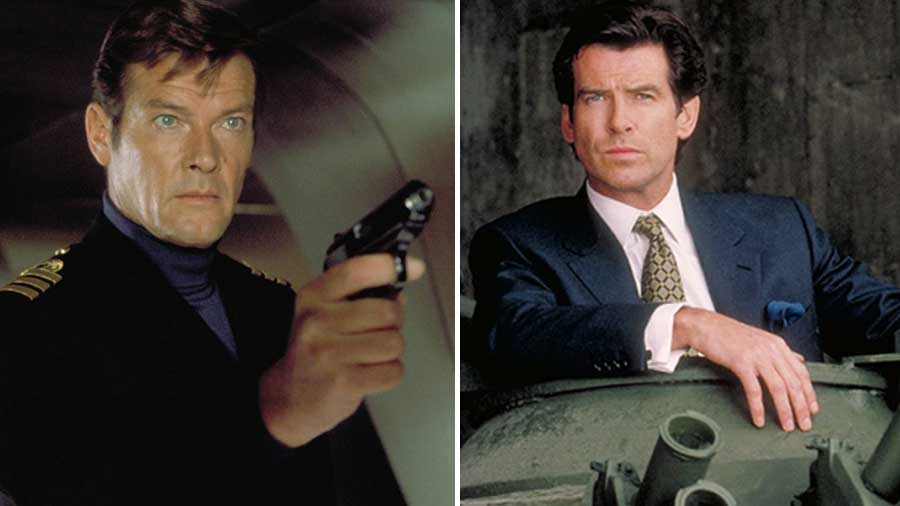 (Left) Roger Moore in ‘The Spy Who Loved Me’ and (right) Pierce Brosnan in ‘GoldenEye’ 