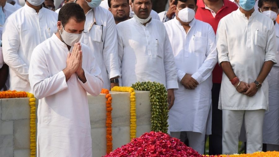 Rahul Gandhi pays homage to Mahatma Gandhi at raj ghat on Saturday.