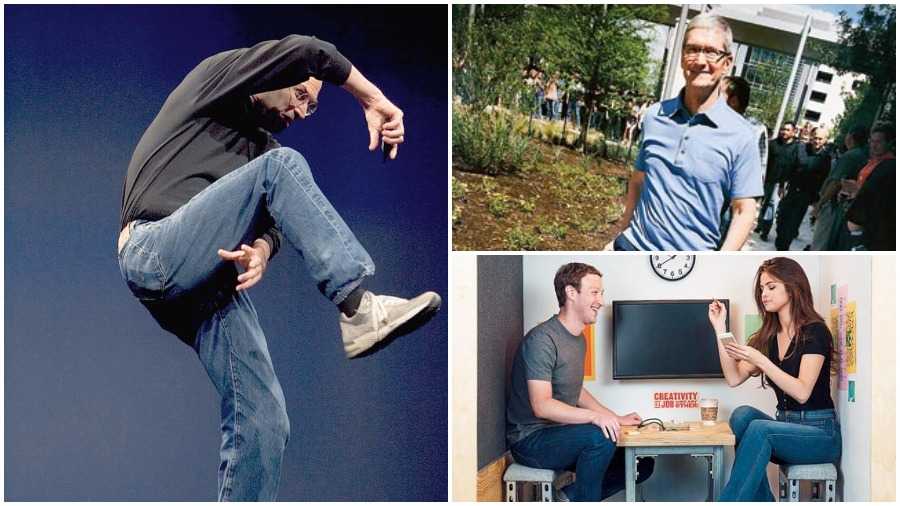 (Clockwise from left) Steve Jobs, Tim Cook and Mark Zuckerberg with Selena Gomez