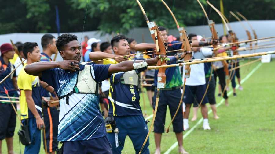  Archers in shooting posture during the senior national archery championship in Jamshedpur on Sunday.