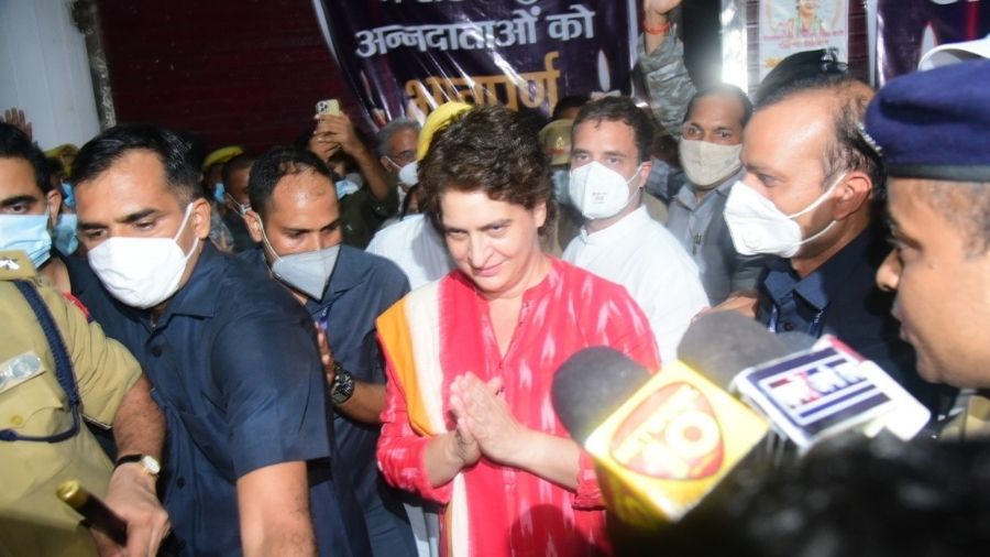 Priyanka and Rahul Gandhi come out of PAC guest house in Sitapur on Wednesday.