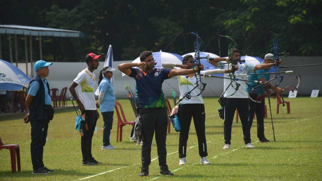  Archers shoot during the senior national archery championship in Jamshedpur on Wednesday. 