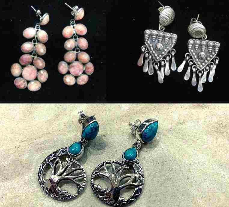 Clockwise from top left) Go modern-chic with these salmon-coloured stone earrings (Rs 1,800) or keep it traditional with silver Rajasthani earrings (Rs 2,500) from Karishmaz...The Silver Story. You can also pick these marble stone teal danglers from Asian Arts (Rs 1,950).