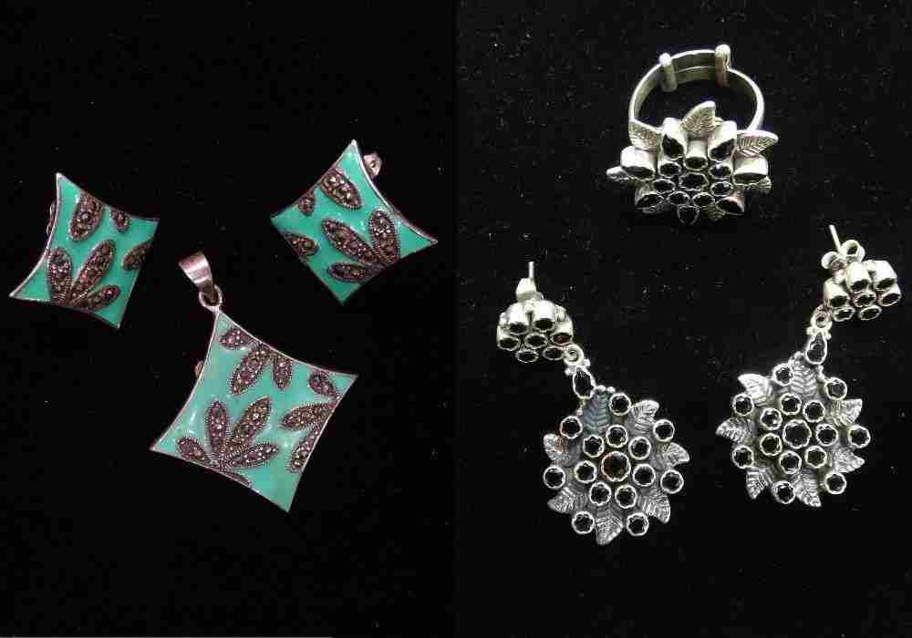 Add a hint of glamour to your OOTD with leaf-inspired jewellery sets from Karishmaz...The Silver Story. The teal set comes with matching earrings, all sporting intricate marcasite work, priced at Rs 3,500. The oxidised silver set (Rs 3,600) comes with earrings and a ring for a muted look.