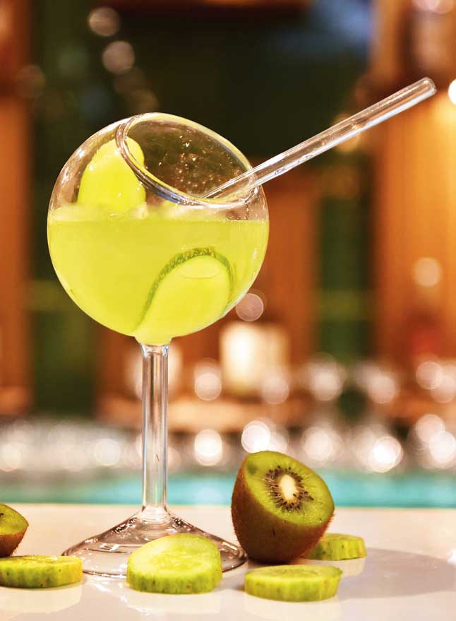 The Green City is a refreshing vodka-based drink with fresh kiwi juice, cucumber and topped with soda.