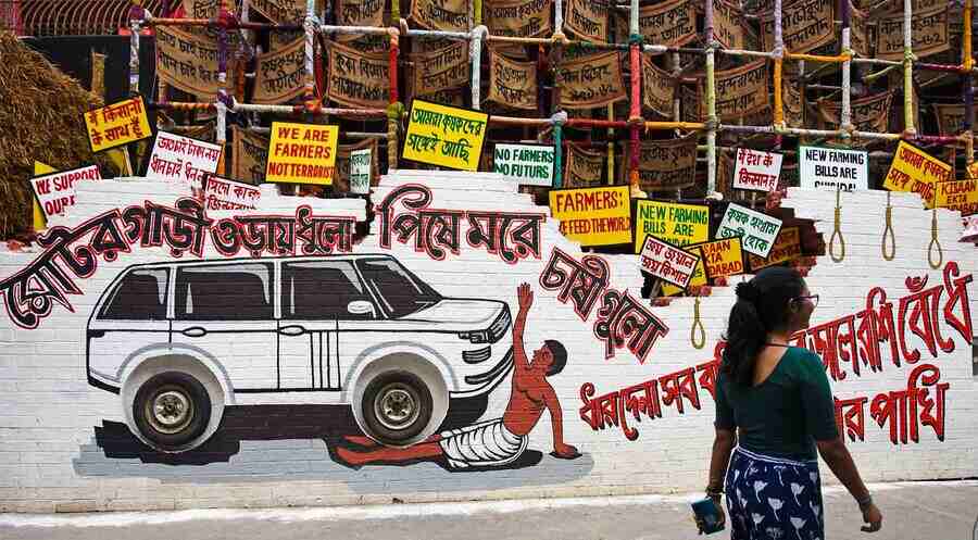 PROTEST AS PUJA THEME: Dum Dum Park Bharat Chakra has decided to depict the ongoing farmers’ agitation against the farm laws as their theme for this year’s Durga Puja. Other political themes this year include the Partition, chosen by Naktala Udayan Sangha in south Kolkata for their Puja