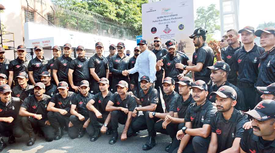 NSG commandos in front of the Tata Steel telephone  exchange gate in Jamshedpur on Saturday. 