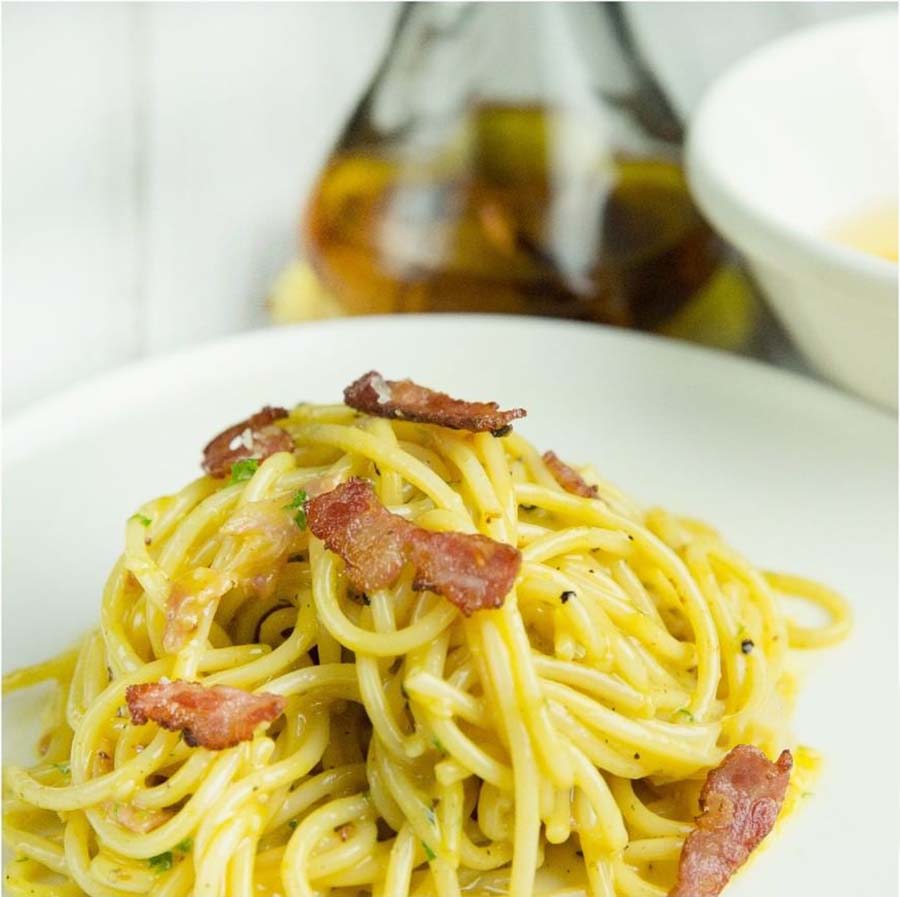 SPAGHETTI CARBONARA FROM FABBRICA: There’s no cream in carbonara, can you believe that? Made from an emulsion of cheese and eggs with bacon lending a rich saltiness, this pasta dish will make you fall in love with Italian food all over again. 