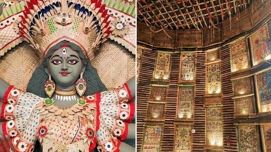 (Left) The Durga idol and (right) the interior of the Manicktalla Chaltabagan Lohapatty Durga Puja pandal. 