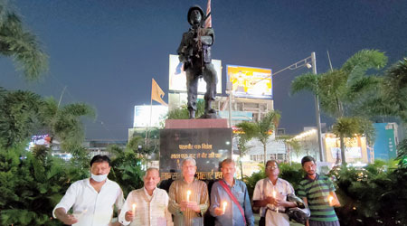 Tribal rights leaders and the Left parties leaders near the Albert Ekka Chowk in Ranchi on Tuesday to pay homage to martyred soldiers in J&K and the farmers killed  in Lakhimpur Kheri. 