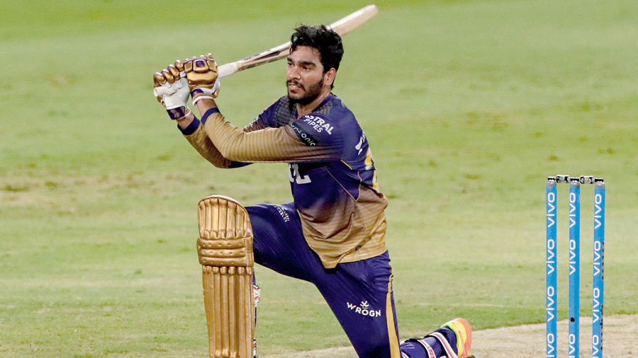 Venkatesh Iyer of Kolkata Knight Riders on way to his 55 during the Qualifier 2 IPL match against  Delhi Capitals in Sharjah on Wednesday. 