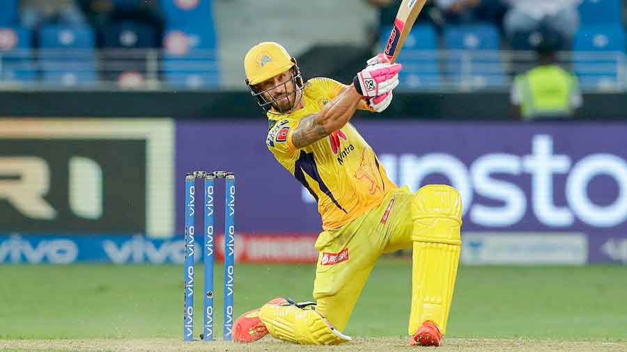 Faf du Plessis of Chennai Super Kings during the final of the Indian Premier League 2021 between the Chennai Super Kings and the Kolkata Knight Riders, at the Dubai International Stadium, UAE, on Friday.