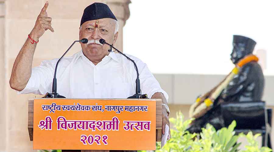 RSS chief Mohan Bhagwat addresses RSS volunteers during an event on the occasion of Vijayadashami, in Nagpur on Friday, Oct. 15, 2021.