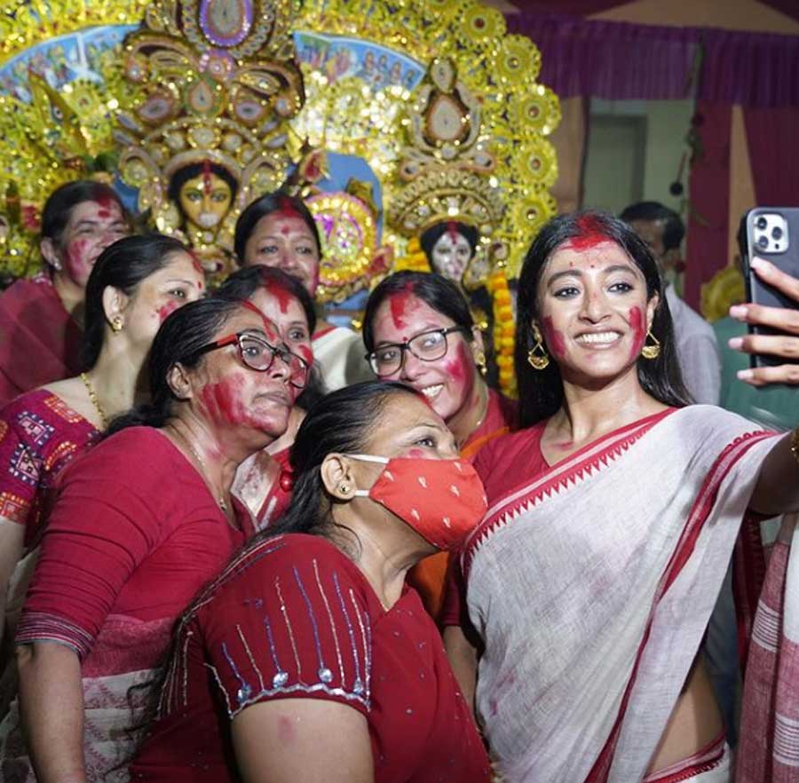 COLOURS OF DEVOTION: Actress Paoli Dam posted this photograph of herself after Sindur Khela — the ritual of married women seeing off the Goddess by smearing each other and the Goddess with vermillion — on Friday, October 15