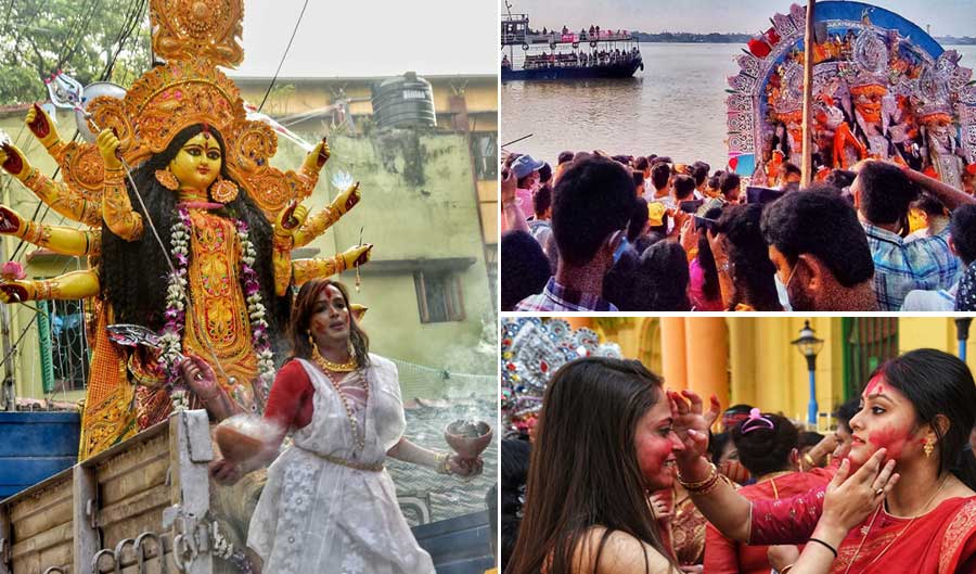 AU REVOIR, MAA: Bisarjan snapshots from Bagbazar on Friday, October 15. Many idols were immersed on Dashami because the organisers did not want to prolong the spell of large assemblies in their neighbourhoods amid the ongoing pandemic. Health experts are worried the festive season will lead to a spike in cases