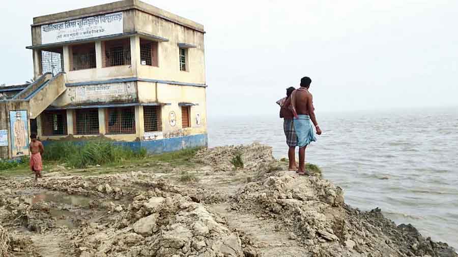 The school building in Ghoramara island, South  24-Parganas, endangered by erosion. 