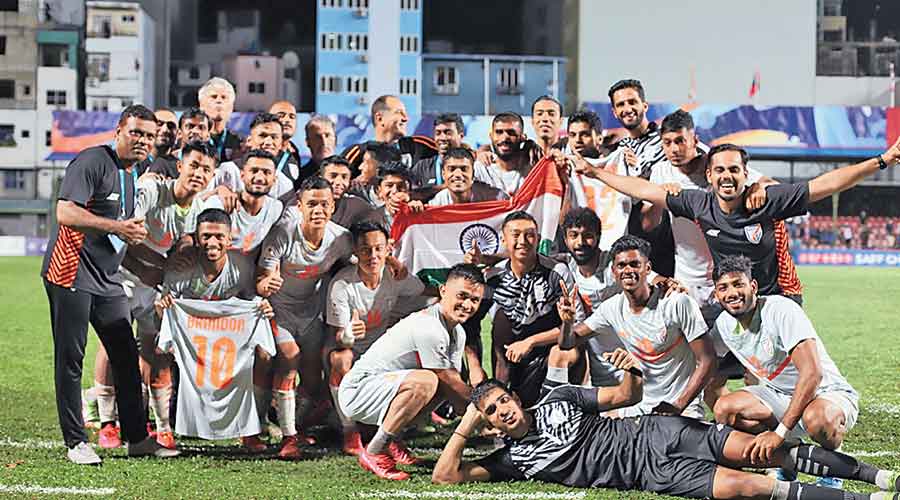 India players and support staff after the win on Saturday.