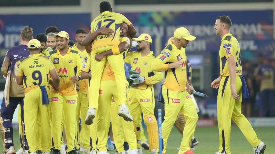 Chennai Super Kings celebrate their win in the final of the Indian Premier League 2021 between the Chennai Super Kings and the Kolkata Knight Riders, at the Dubai International Stadium, UAE, Friday, Oct. 15, 2021.