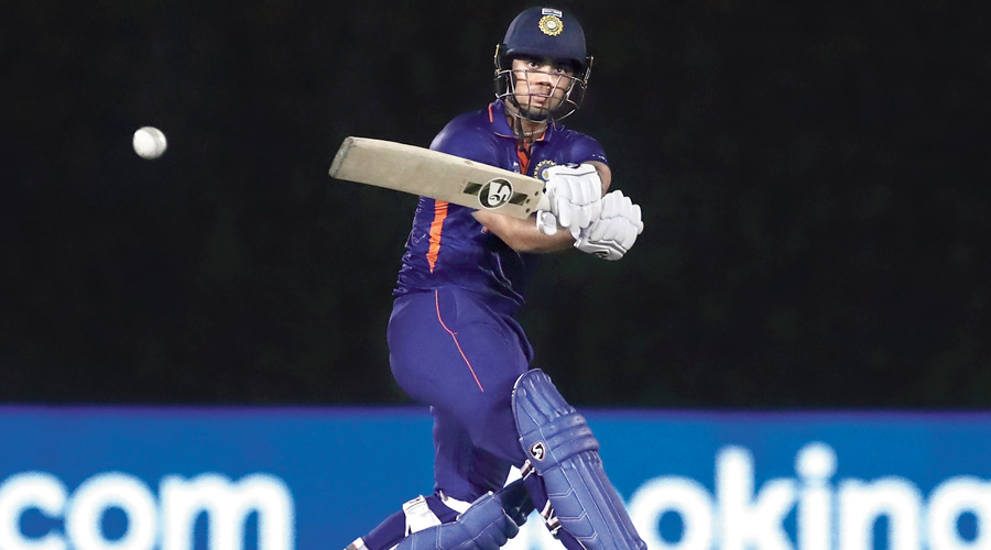 India’s Ishan Kishan during his 70-run knock against England in their T20 World Cup warm-up match in Dubai on Monday. 