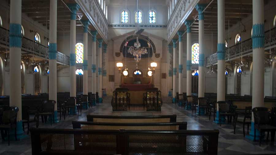 The interiors of the Beth El Synagogue, on Pollock Street, are grand with slender columns and stained-glass windows 