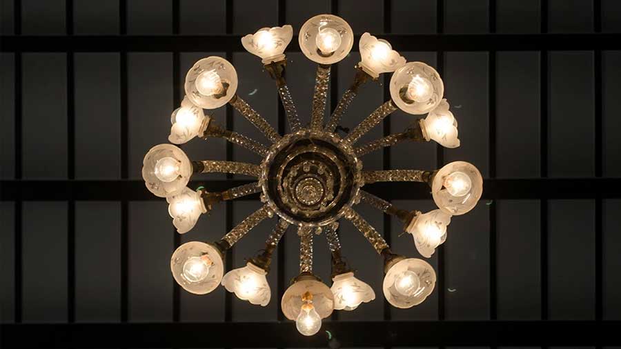 A chandelier adorns the ceiling