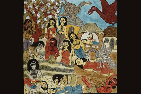 A panel from the scroll painting of Chhiattor-er Monnontor by Dukhushyam Chitrakar and his family. 