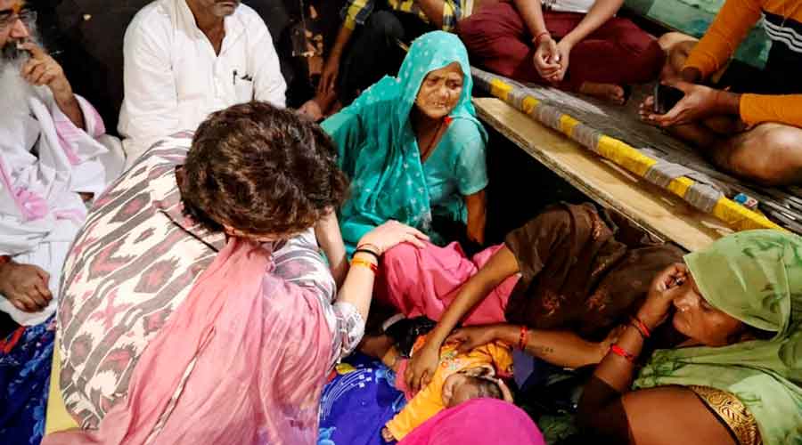 Priyanka Gandhi visits family members of a man who died in police custody in Agra, Wednesday night