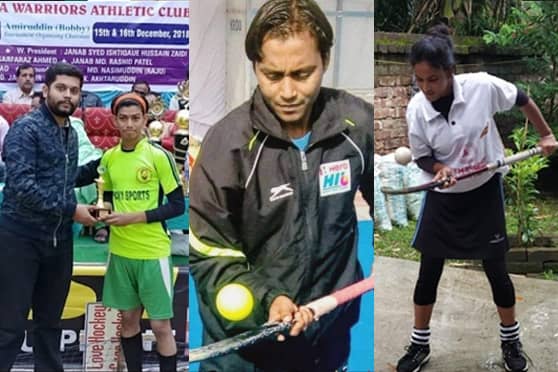 (From left) Sk Shabaaz receives an award, Imran Azad and Rabiya Khatun practise the game.