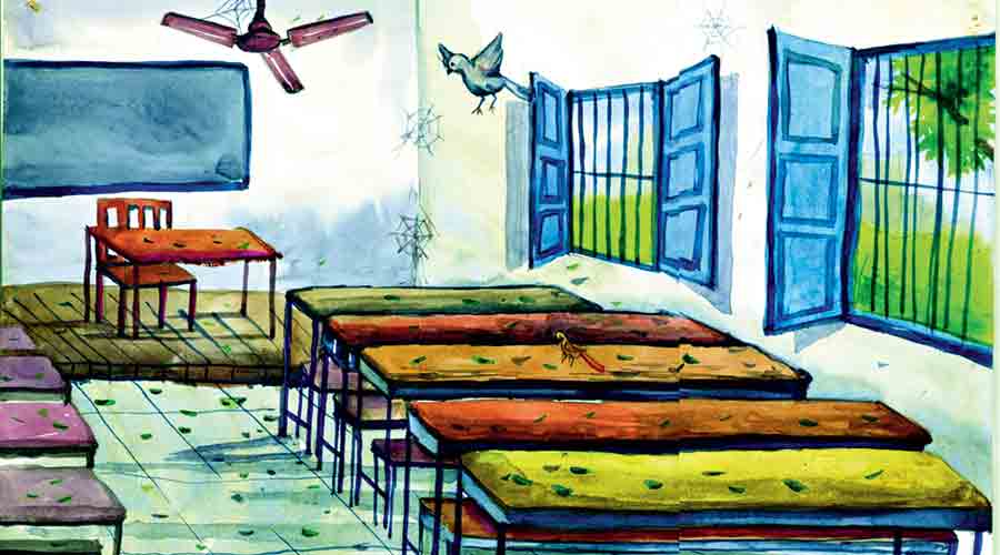 The painting by Raunak Kanti Khan depicts an empty classroom and a lone bird 