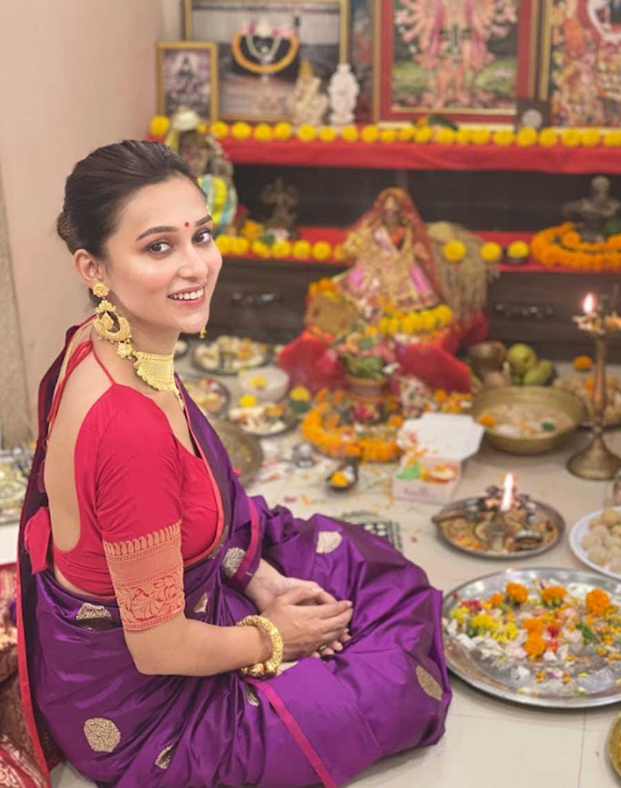MIMI'S PUJA: Actor turned politician Mimi Chakraborty posted this photograph of her preparing for Lakshmi Puja at her home on Wednesday, October 20