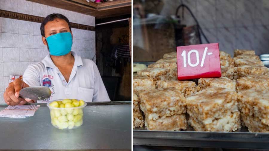 ‘Chhanar angur’ sold at New Mukho Sweets (left) and ‘Fried kalakand’ at Tarama Sweets