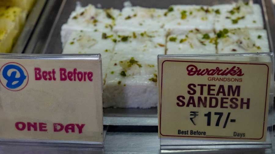 The trademark steamed sandesh sold at Dwarik’s Grandsons, believed to be among the oldest sweet shops still open in Shyambazar