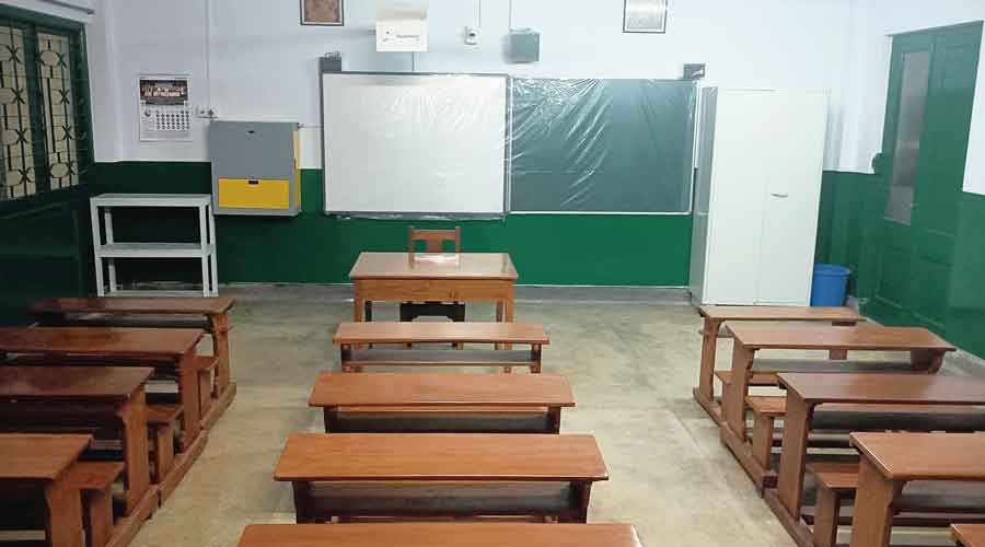 An empty classroom in a city school on Monday.