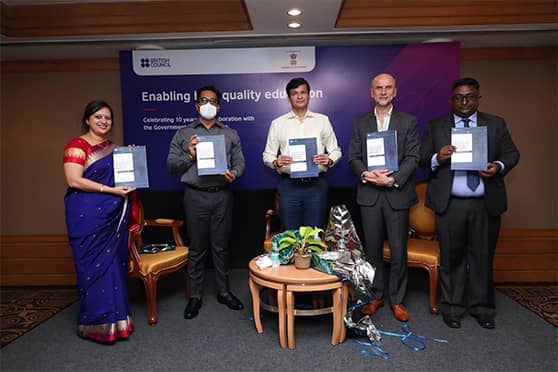 Maharashtra’s commissioner of education Vishal Solanki (centre) and British Council West India director Jovan Ilić (second from right) launch the Maharashtra Teacher Development programme report along with other dignitaries.