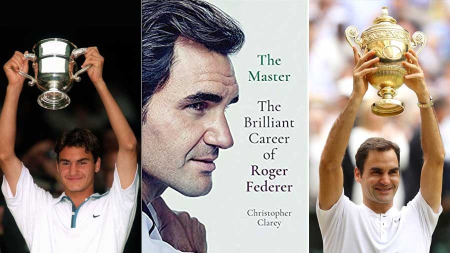 (Left) Roger Federer with the Boys' Singles trophy at Wimbledon in 1998 and (right) with the Gentlemen's Singles trophy in 2017