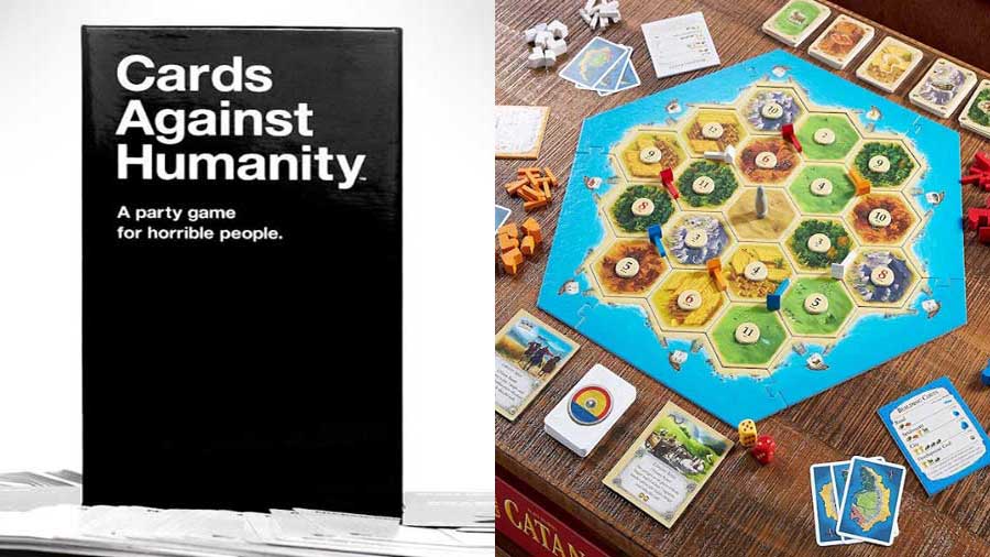 Games like (left) Cards Against Humanity and Catan help engage guests in fun competitions.