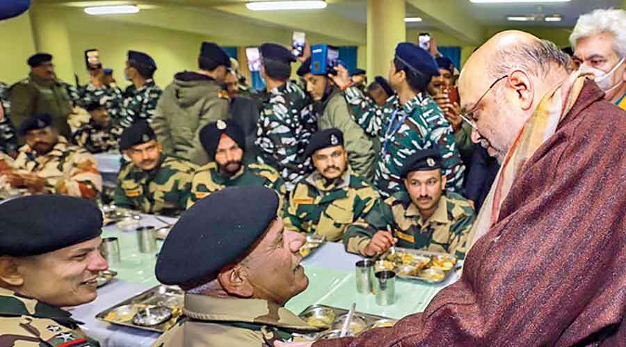 Union home minister Amit Shah at a CRPF camp in Pulwama, Kashmir, on Monday