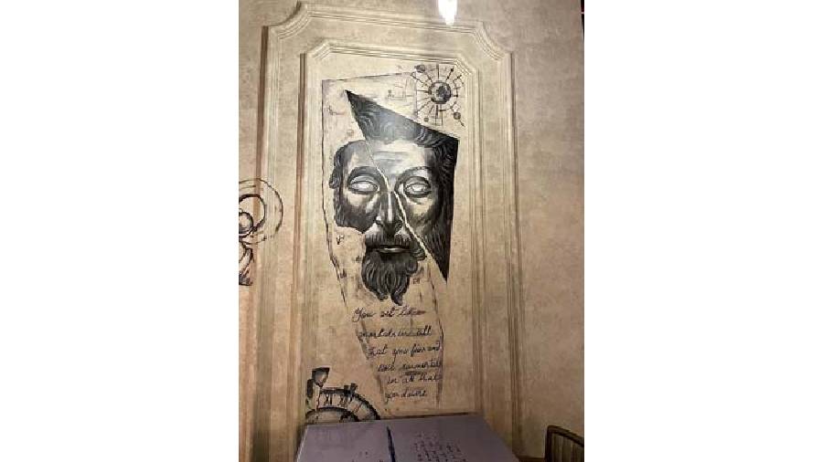 Themed around the Greek world, the interiors of the brewpub are done beautifully by Sumessh Menon. The piece de resistance is a massive statue of Greek God Zeus hung from the ceiling of the 100ft island bar. There are hand-painted faces of Greek Gods on the walls.